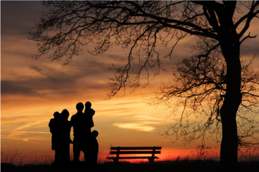 Family walking in sunset
